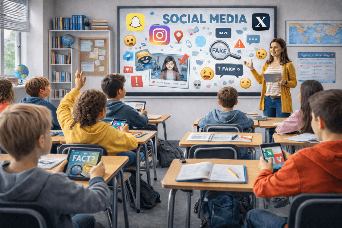 A teacher leads a Social Media Education in Middle School classroom discussion, with students raising hands and using tablets as social media icons are displayed on a screen at the front.