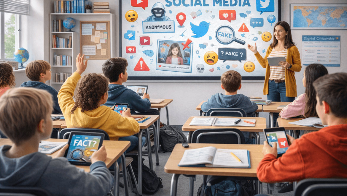 A teacher stands at the front of a classroom with students, discussing social media, misinformation, and digital literacy as shown on a bulletin board and students tablets.