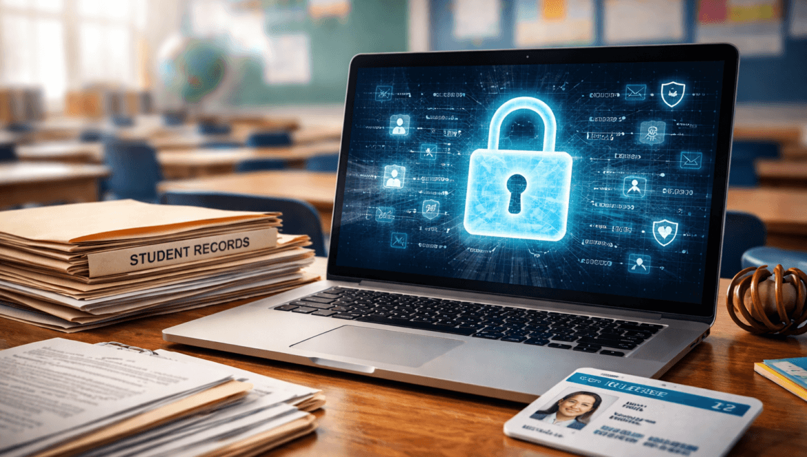 A laptop displaying a digital padlock icon sits on a desk with student records, paperwork, and an ID badge in a classroom, emphasizing student data privacy and security in education.