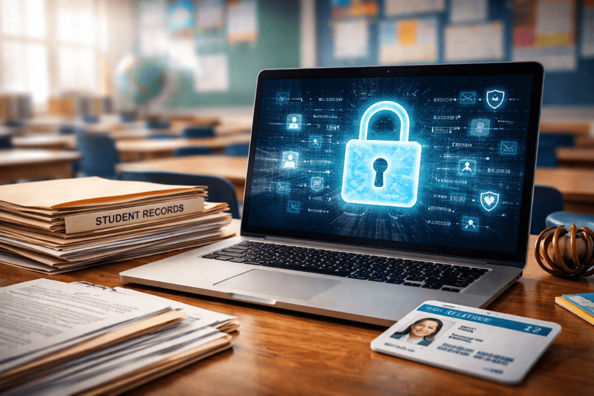 A laptop displaying a digital padlock icon sits on a desk with student records, paperwork, and an ID badge in a classroom, emphasizing student data privacy and security in education.