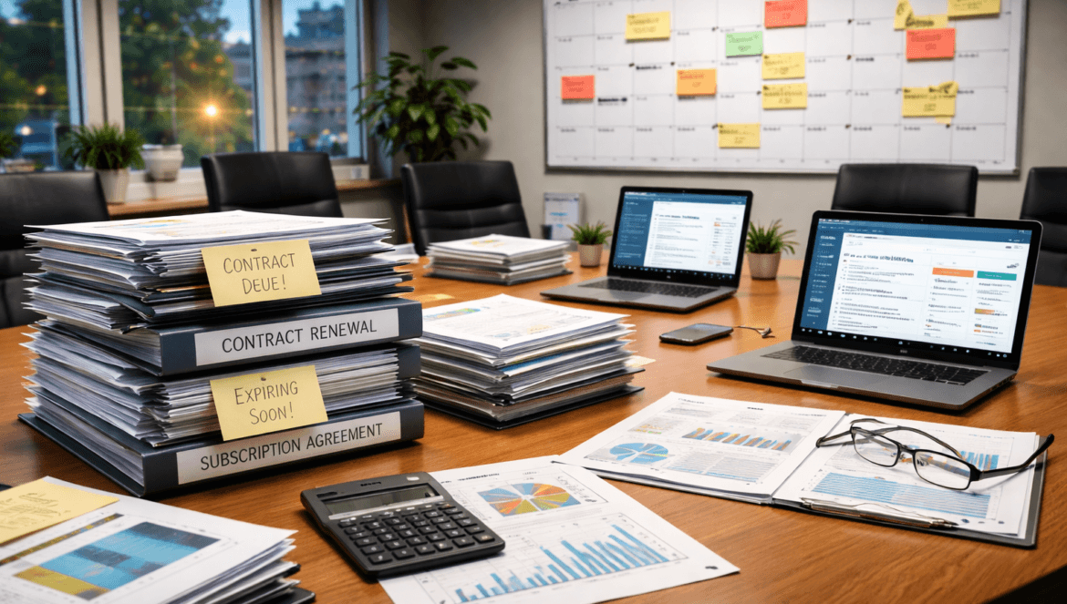 A conference room table with stacks of labeled contract folders, laptops displaying spreadsheets related to The Subscription Creep Problem in K–12, charts, a calculator, and paperwork; a wall-mounted planning board is in the background.