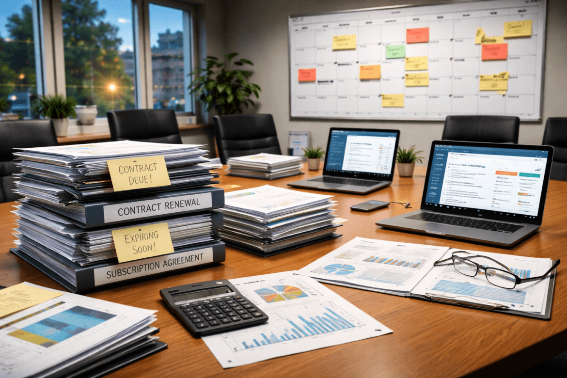 A conference room table with stacks of labeled contract folders, laptops displaying spreadsheets related to The Subscription Creep Problem in K–12, charts, a calculator, and paperwork; a wall-mounted planning board is in the background.