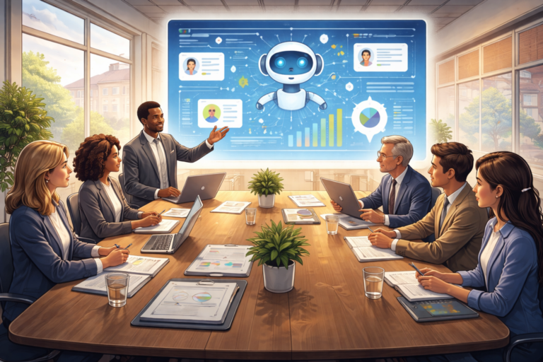 A business meeting with six professionals discusses data on a screen showing a robot, charts, and profiles, suggesting a presentation on AI and Governance or automation.