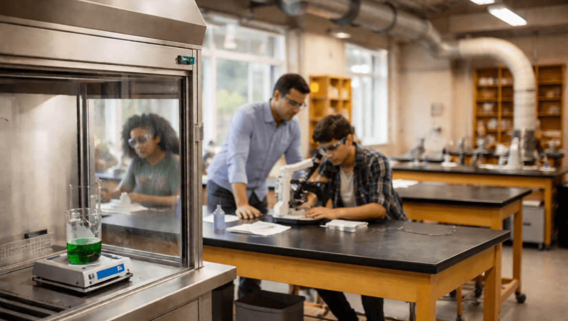 A teacher assists a student using a microscope in a science lab, with another student, lab equipment, and visible features that highlight school ventilation safety in the background.