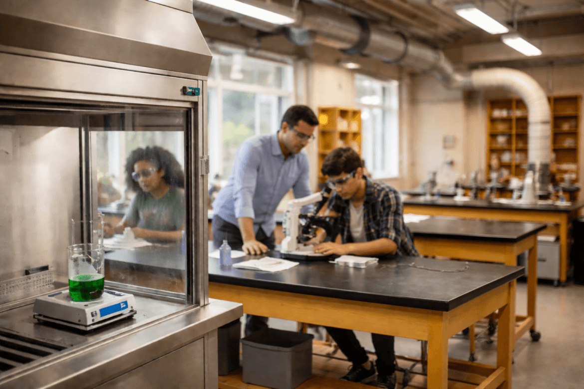 A teacher assists a student using a microscope in a science lab, with another student, lab equipment, and visible features that highlight school ventilation safety in the background.