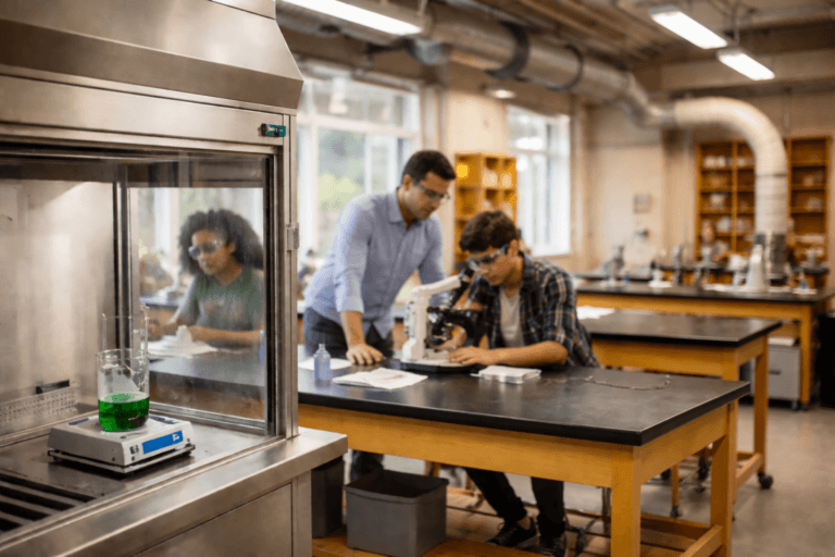 A teacher assists a student using a microscope in a science lab with another student lab equipment and visible features that highlight school ventilation safety in the background
