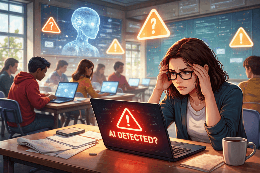A student in a classroom looks stressed at her laptop which displays an AI Detection alert while others work on laptops and warning symbols appear on classroom screens