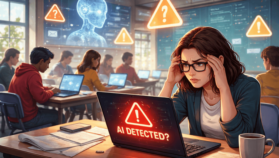 A student in a classroom looks stressed at her laptop, which displays an AI Detection alert, while others work on laptops and warning symbols appear on classroom screens.