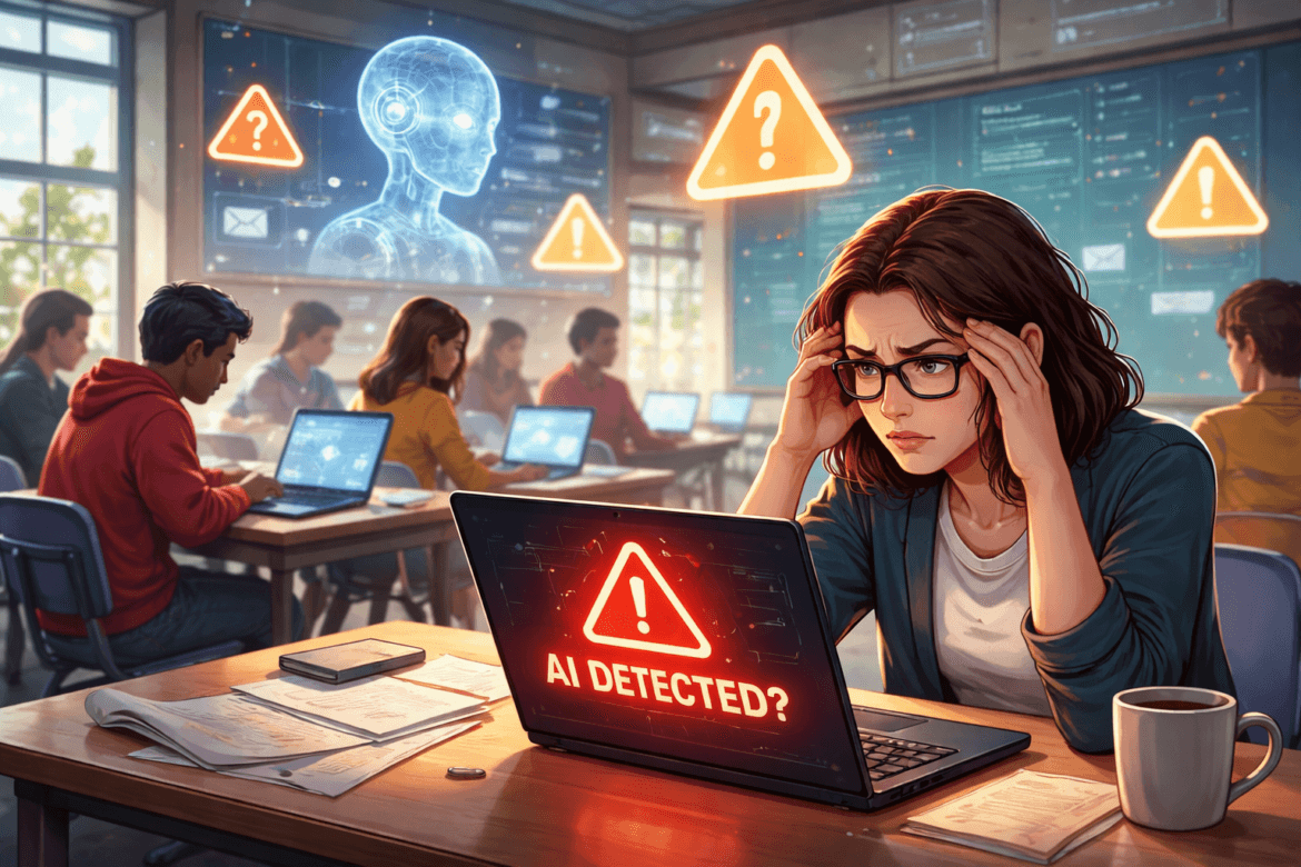A student in a classroom looks stressed at her laptop, which displays an AI Detection alert, while others work on laptops and warning symbols appear on classroom screens.