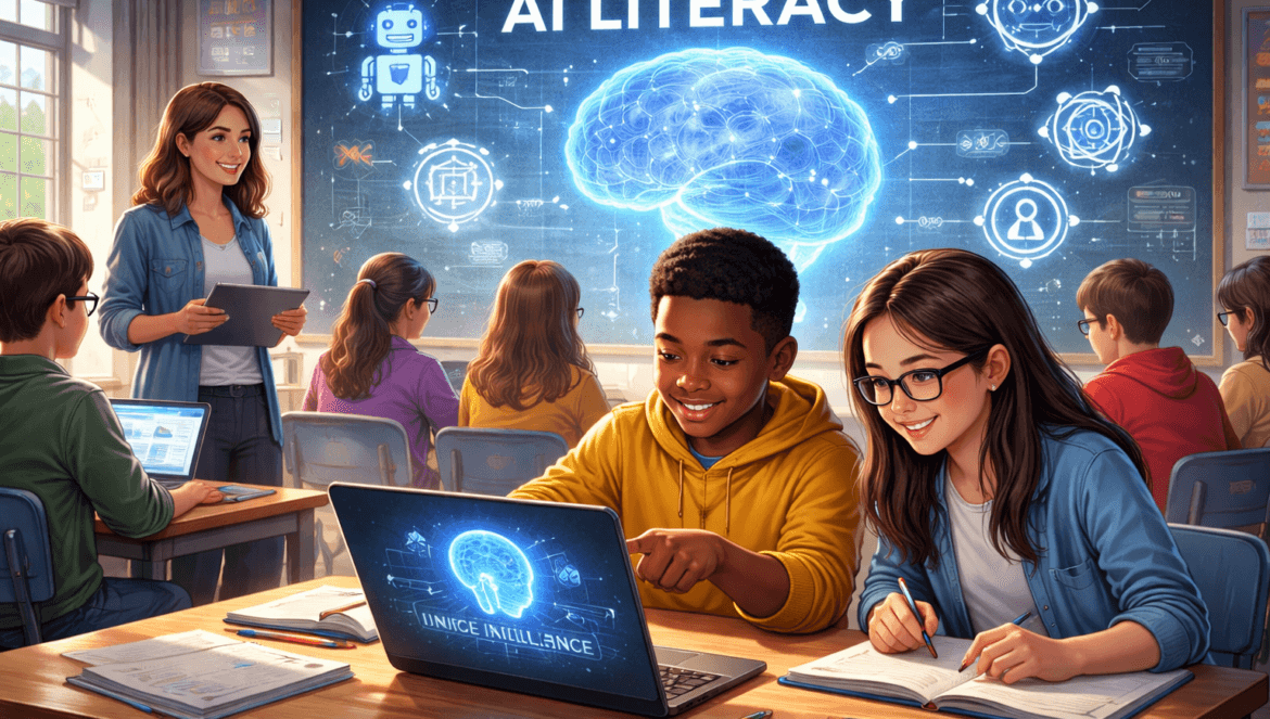 Students in a classroom use laptops to boost their AI literacy, with digital graphics of a brain and technology icons displayed on the screen at the front of the room.
