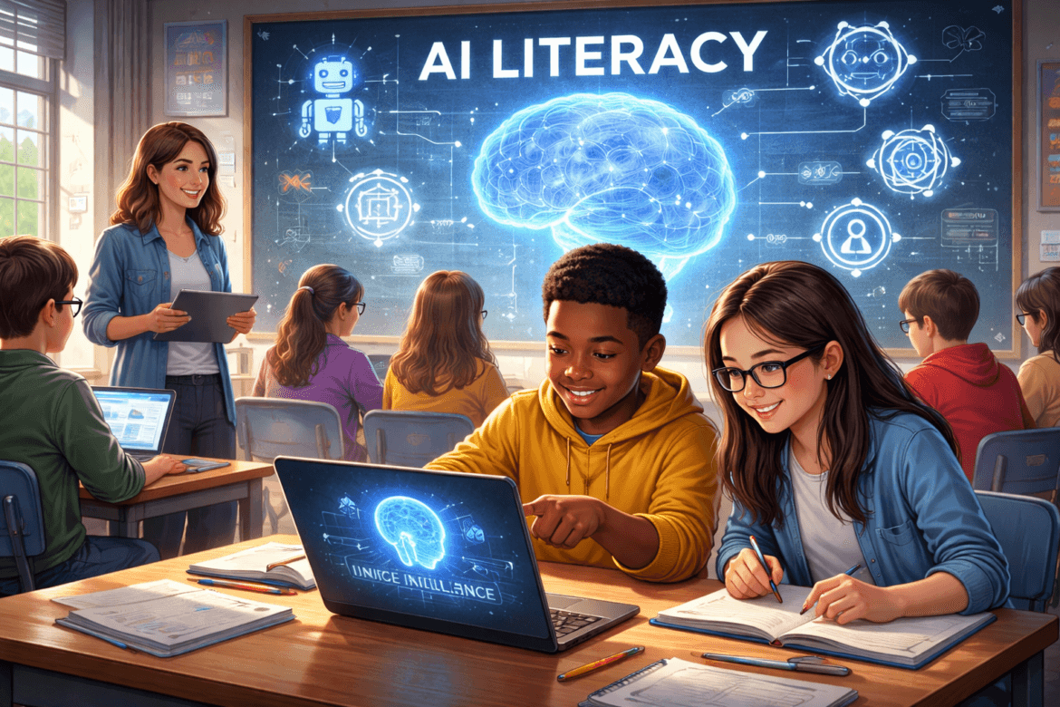 Students in a classroom use laptops to boost their AI literacy, with digital graphics of a brain and technology icons displayed on the screen at the front of the room.