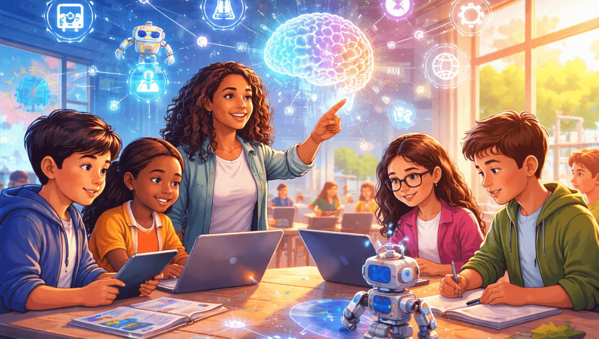 A teacher and four students use laptops and tablets at a classroom table with books, a robot, and glowing digital icons—celebrating AI Literacy Day with a vibrant brain illustration overhead.