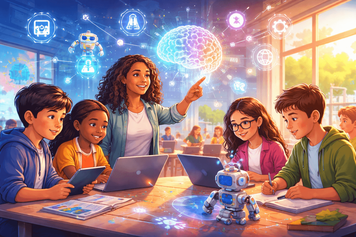 A teacher and four students use laptops and tablets at a classroom table with books, a robot, and glowing digital icons—celebrating AI Literacy Day with a vibrant brain illustration overhead.