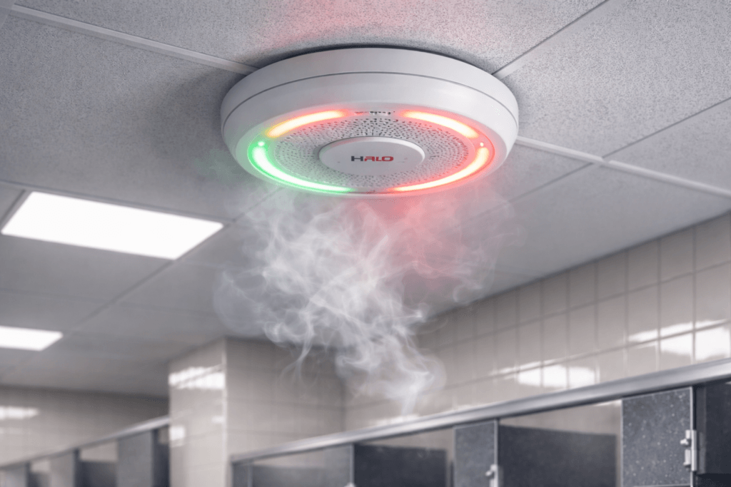 A ceiling mounted HALO smoke detector with red and green indicator lights similar to AI Vape Detectors in Schools Redefine Campus Safety is activated by smoke in a tiled restroom