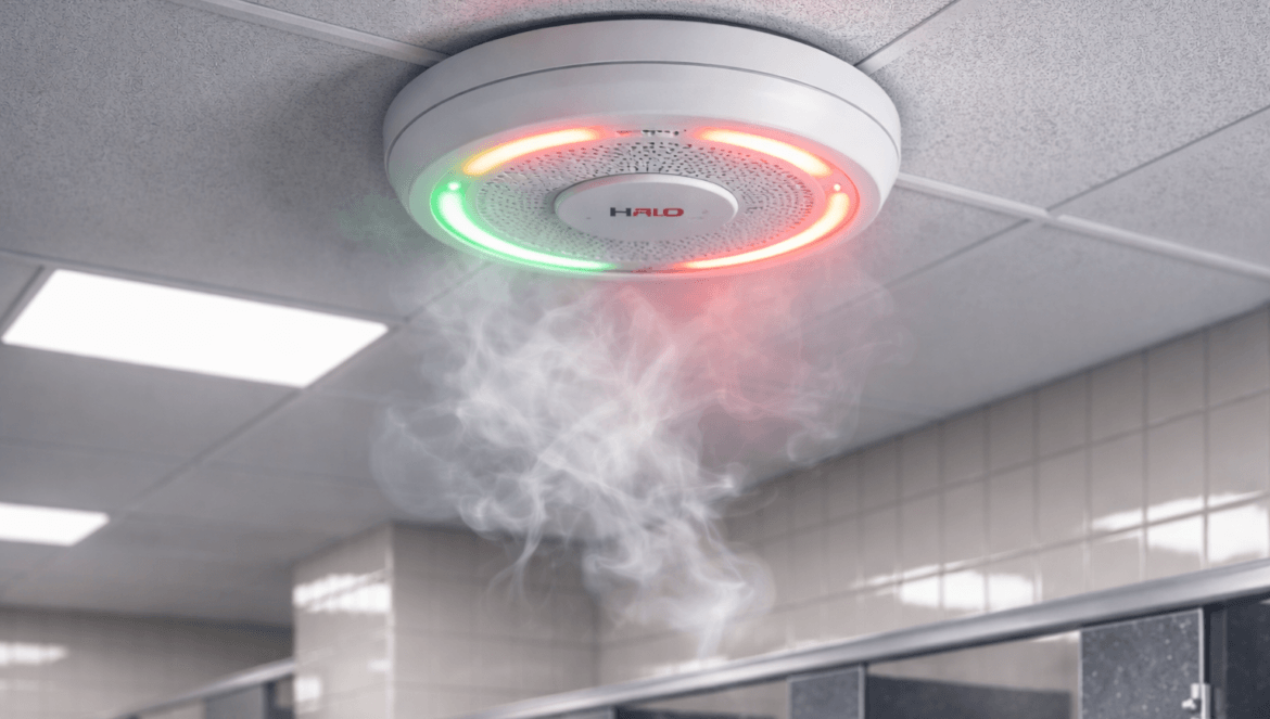 A ceiling-mounted HALO smoke detector with red and green indicator lights, similar to AI Vape Detectors in Schools Redefine Campus Safety, is activated by smoke in a tiled restroom.