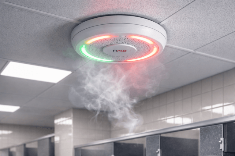 A ceiling-mounted HALO smoke detector with red and green indicator lights, similar to AI Vape Detectors in Schools Redefine Campus Safety, is activated by smoke in a tiled restroom.