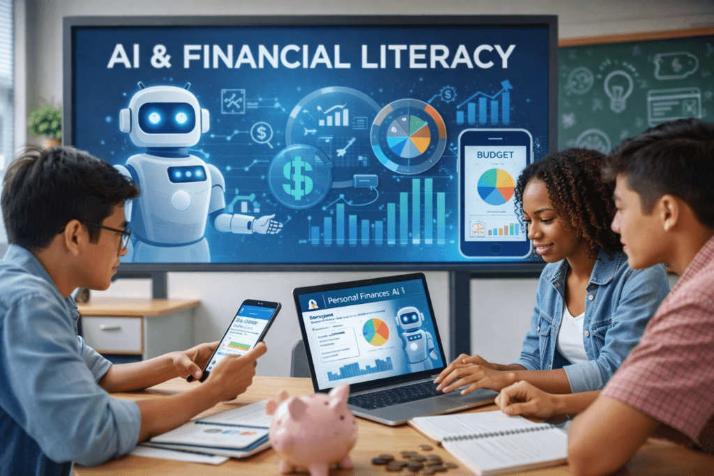 Three students explore AI and Financial Literacy using digital devices with vibrant infographics and financial charts displayed on a screen in the background