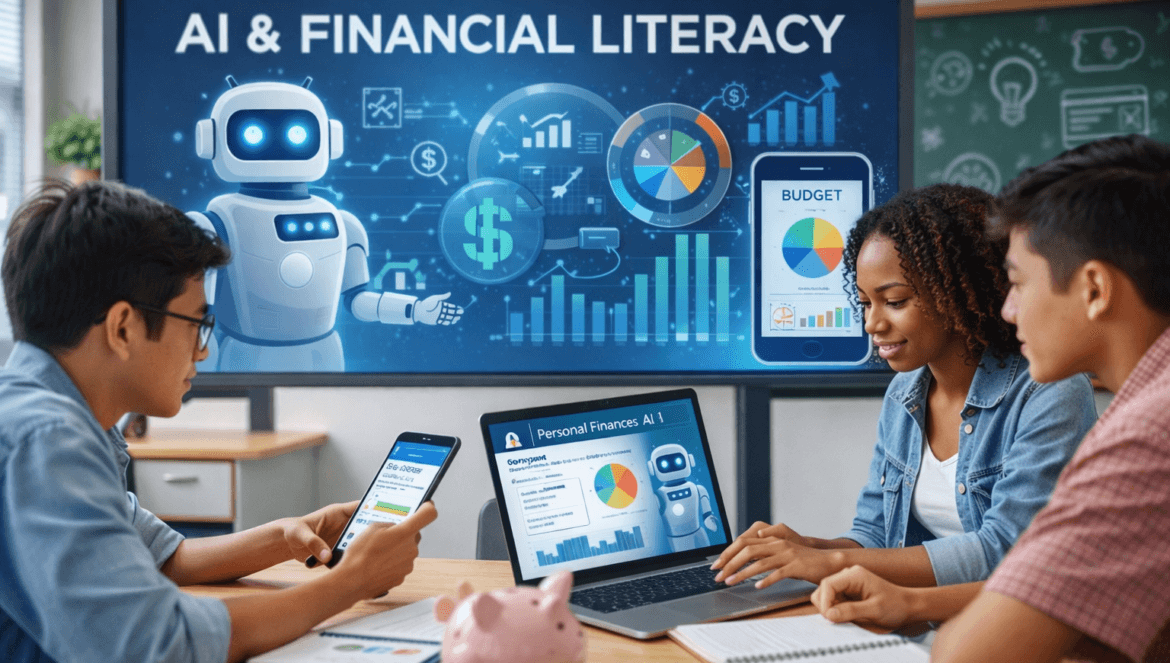 Three students explore AI and Financial Literacy using digital devices, with vibrant infographics and financial charts displayed on a screen in the background.