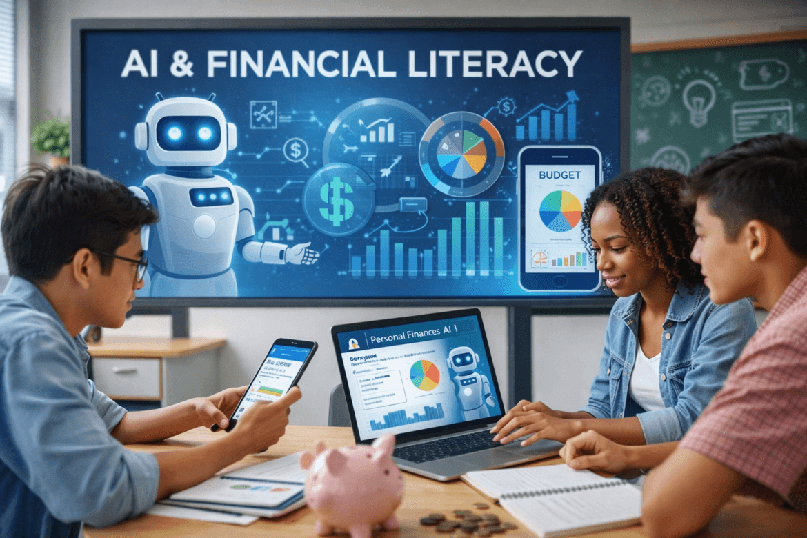 Three students explore AI and Financial Literacy using digital devices, with vibrant infographics and financial charts displayed on a screen in the background.