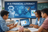 Three students explore AI and Financial Literacy using digital devices with vibrant infographics and financial charts displayed on a screen in the background
