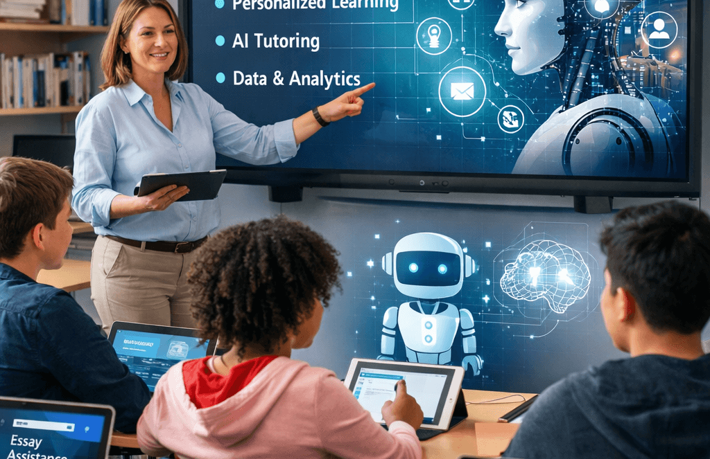 A teacher presents an AI in Education slide to students using laptops and tablets, with graphics of a robot and AI concepts displayed on a large screen.