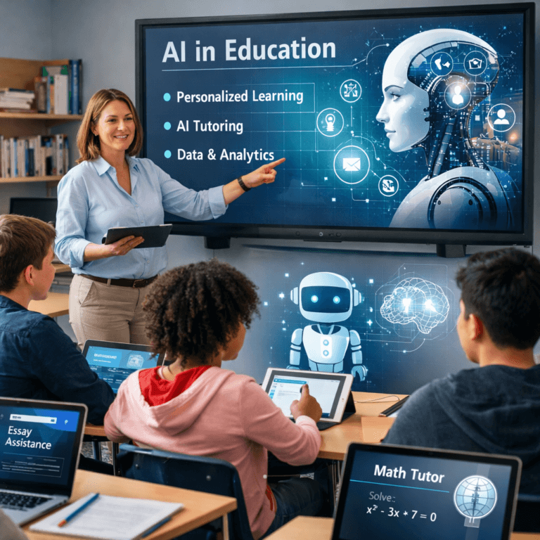 A teacher presents a slide about AI in education to students using laptops and tablets, a robot graphic on the screen