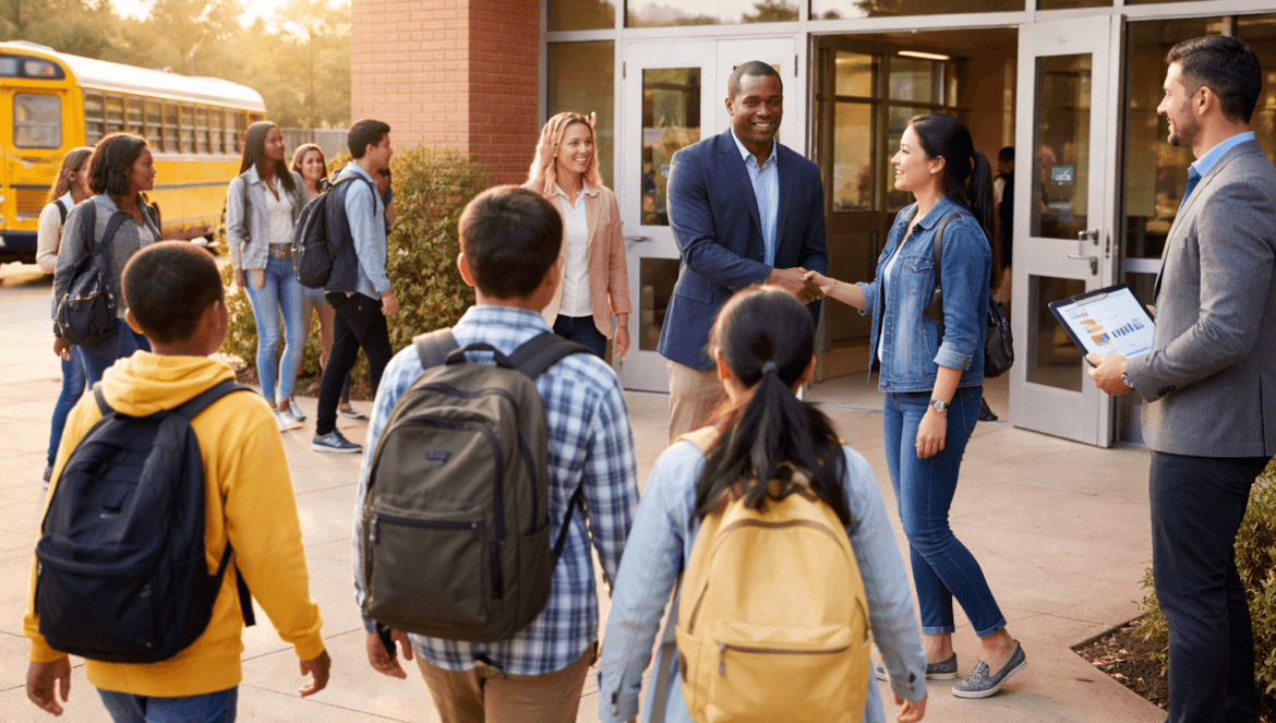 Students enter a school building as two adults shake hands outside the entrance, with a school bus and staff visible in the background, highlighting efforts toward addressing chronic absenteeism.