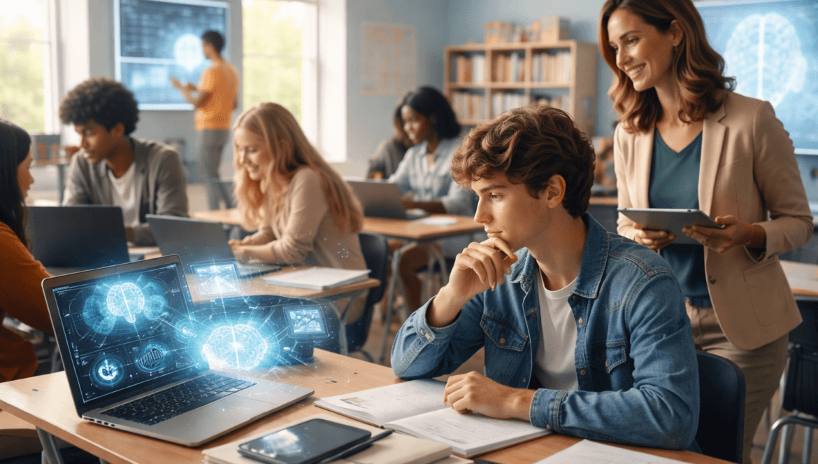 Students in a classroom use laptops with holographic brain images displayed; a teacher stands nearby holding a tablet and observing their work, demonstrating modern assessment in the AI era.