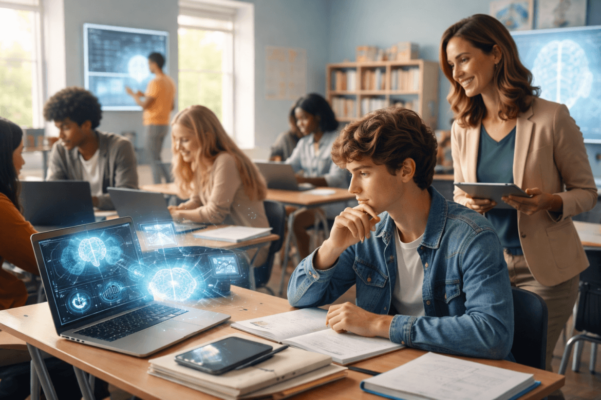 Students in a classroom use laptops with holographic brain images displayed; a teacher stands nearby holding a tablet and observing their work, demonstrating modern assessment in the AI era.