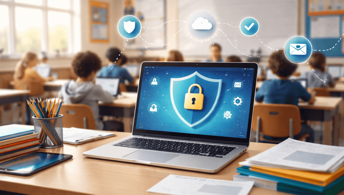A laptop displaying a digital security shield and lock sits on a desk in a classroom, highlighting COPPA in schools, with students and a teacher in the background. Icons represent cloud, email, and security.