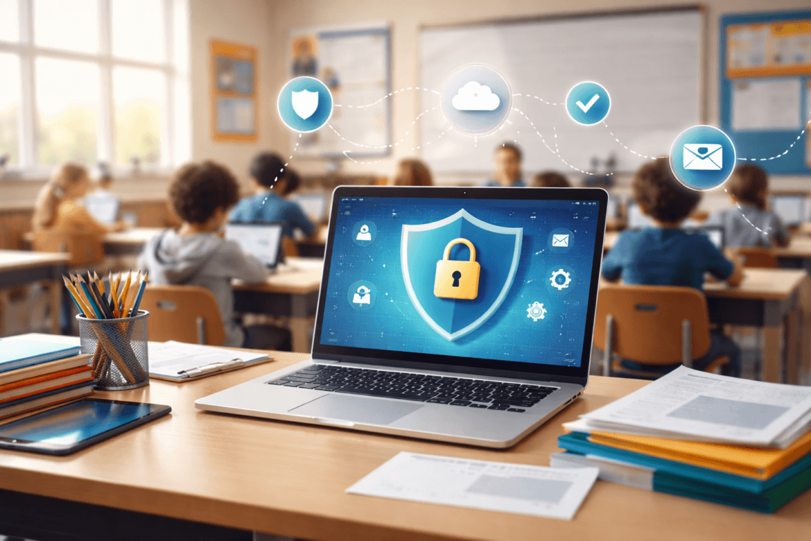 A laptop displaying a digital security shield and lock sits on a desk in a classroom, highlighting COPPA in schools, with students and a teacher in the background. Icons represent cloud, email, and security.