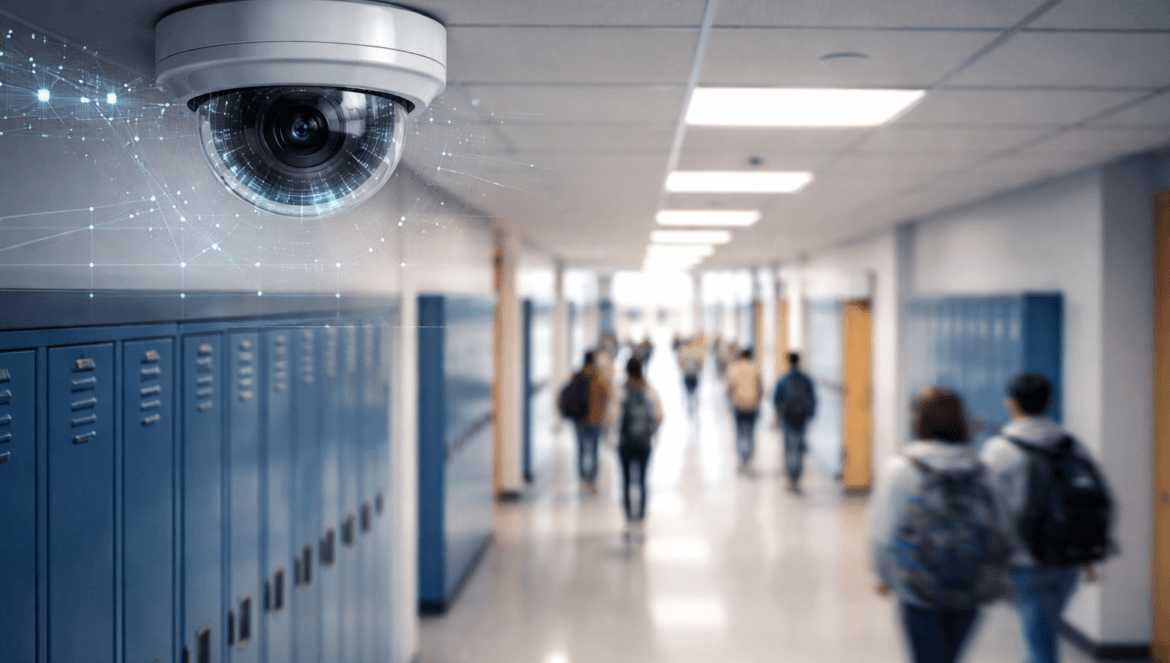 A security camera is mounted on the ceiling above blue lockers in a school hallway, reflecting the growing use of cameras in schools as students walk in the background.