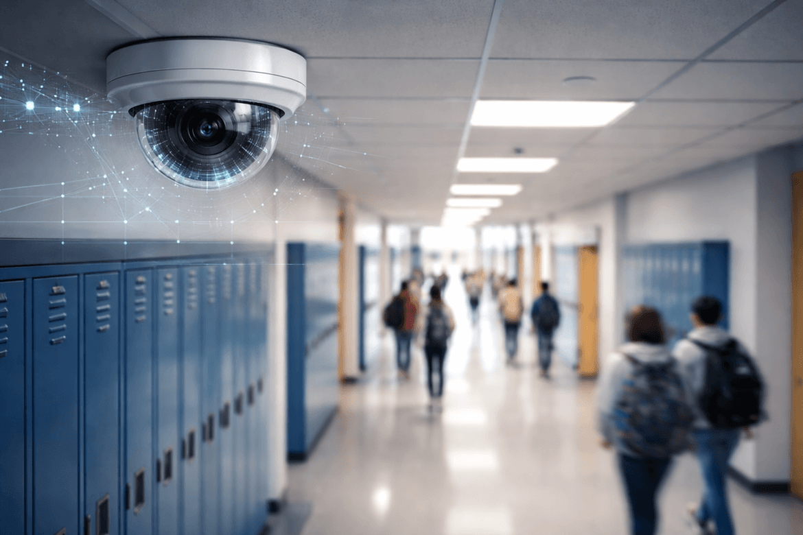 A security camera is mounted on the ceiling above blue lockers in a school hallway, reflecting the growing use of cameras in schools as students walk in the background.