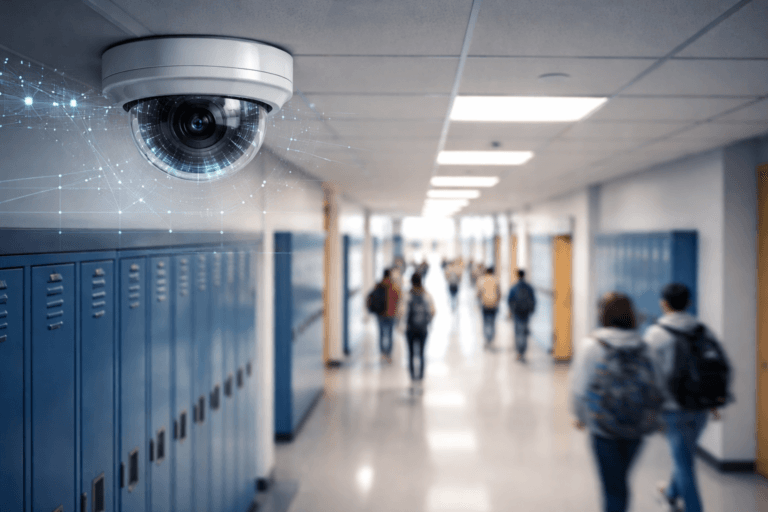 A security camera mounted on the ceiling above blue lockers in a school hallway as students walk past