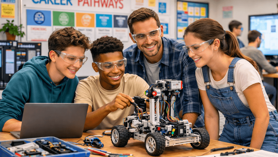 Four students wearing safety glasses collaborate on building and programming a robotic vehicle at a table in the Career Pathways classroom.