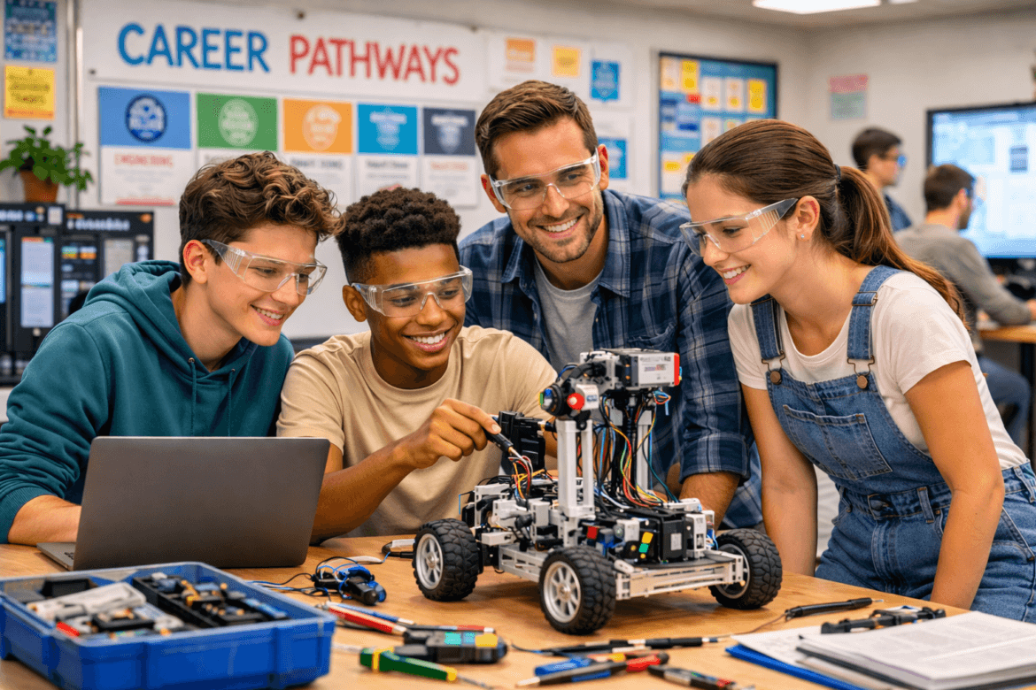 Four students wearing safety glasses collaborate on building and programming a robotic vehicle at a table in the Career Pathways classroom.