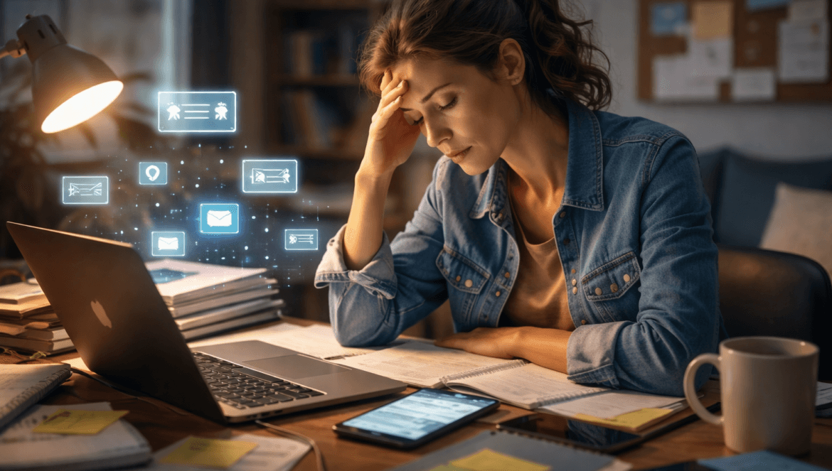 A woman sits at a cluttered desk with a laptop and documents, looking stressed, while digital icons representing emails and notifications highlight the growing issue of digital exhaustion in schools.