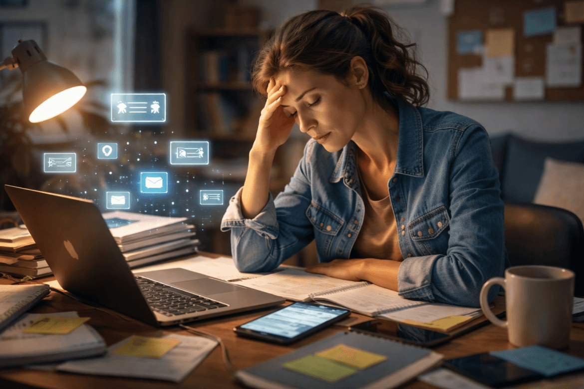 A woman sits at a cluttered desk with a laptop and documents, looking stressed, while digital icons representing emails and notifications highlight the growing issue of digital exhaustion in schools.