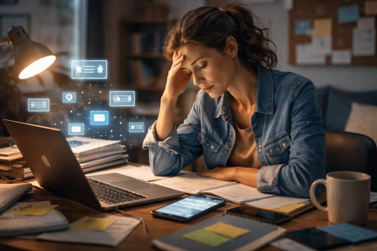 A woman sits at a cluttered desk with a laptop and documents, looking stressed, while digital icons representing emails and notifications highlight the growing issue of digital exhaustion in schools.