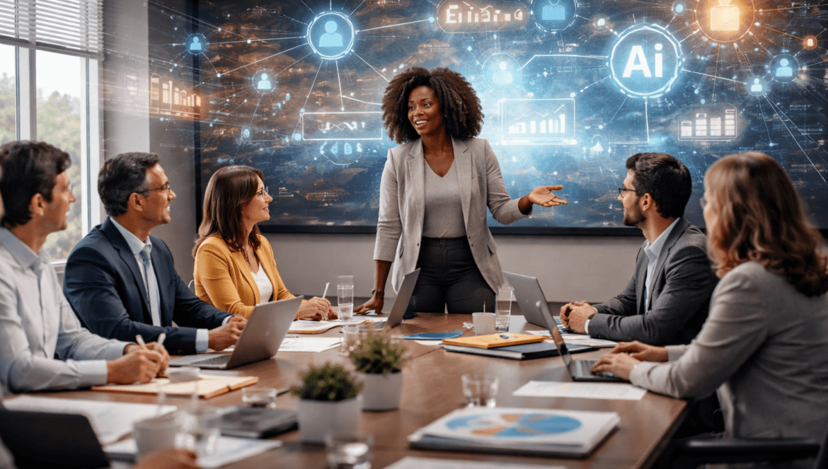 A woman, among district leaders, leads a business meeting in a modern conference room, with five colleagues seated and a large digital screen displaying AI and data graphics behind her.