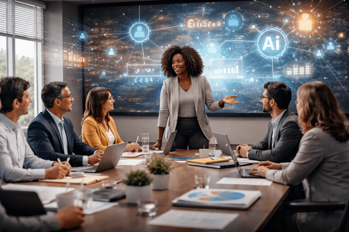 A woman, among district leaders, leads a business meeting in a modern conference room, with five colleagues seated and a large digital screen displaying AI and data graphics behind her.