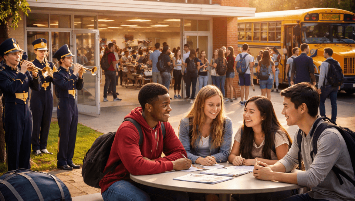 Four students sit around a table outside a school, highlighting the duty of care beyond the classroom, as a marching band plays nearby and a school bus and groups of people appear in the background.