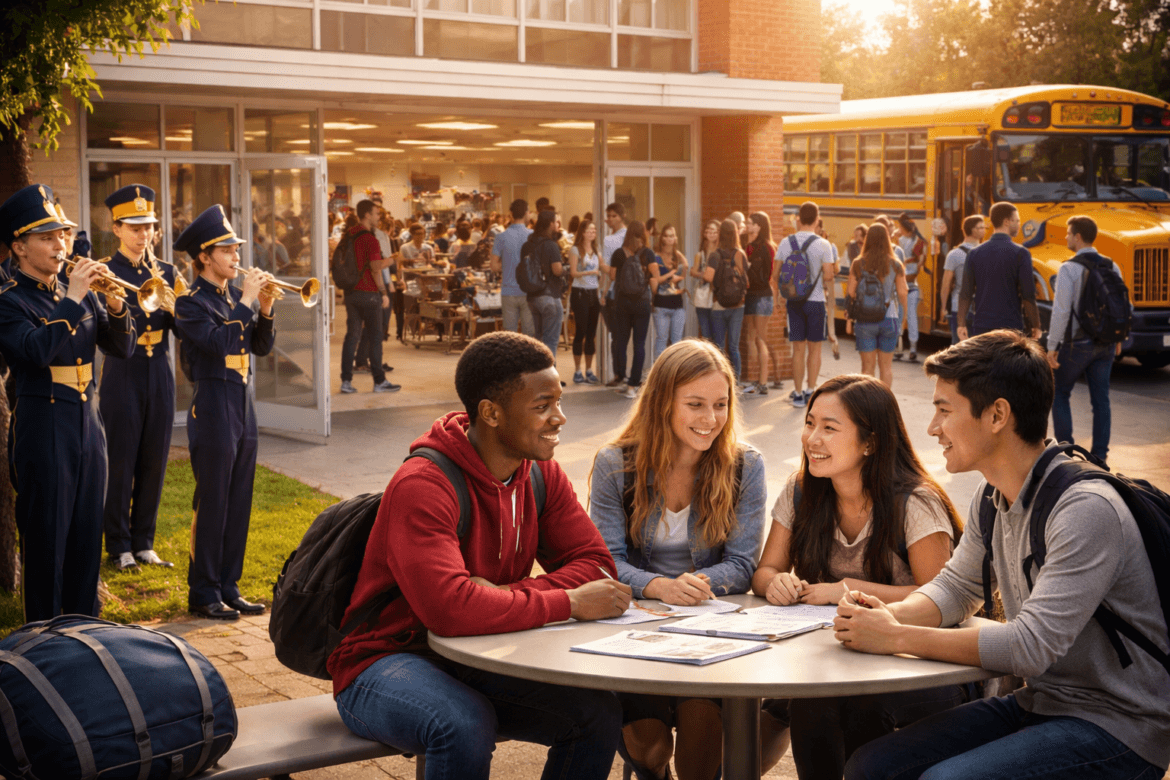 Four students sit around a table outside a school, highlighting the duty of care beyond the classroom, as a marching band plays nearby and a school bus and groups of people appear in the background.
