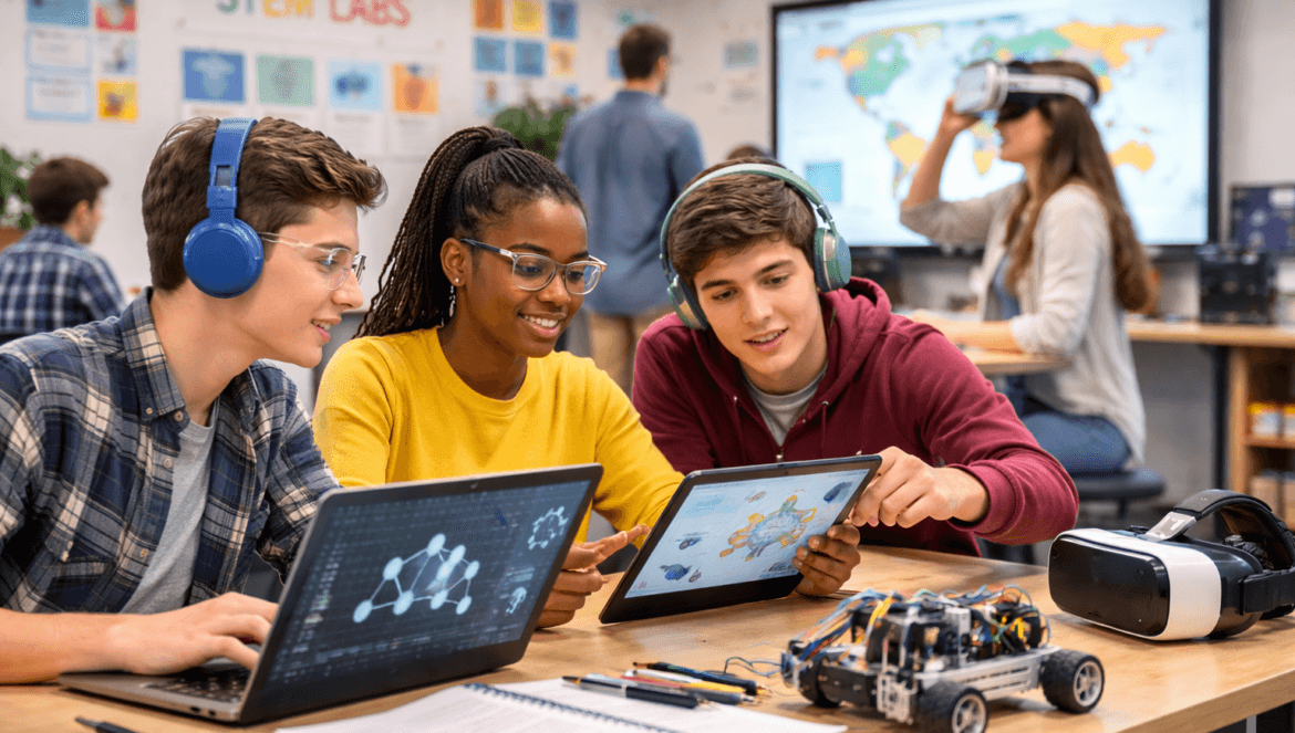 Students collaborate on STEM projects using laptops and tablets in a classroom; EdTech trends are evident with robotics equipment and a VR headset visible on the table.