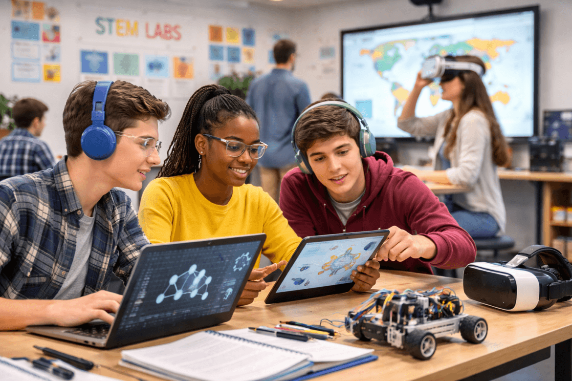 Students collaborate on STEM projects using laptops and tablets in a classroom; EdTech trends are evident with robotics equipment and a VR headset visible on the table.