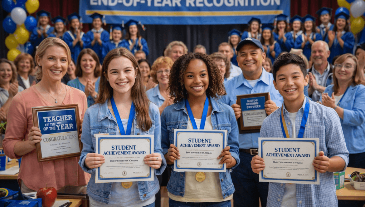 Four students with achievement awards and a teacher with a Teacher of the Year plaque stand smiling at an End-of-Year Recognition event, with a crowd and graduates in the background.