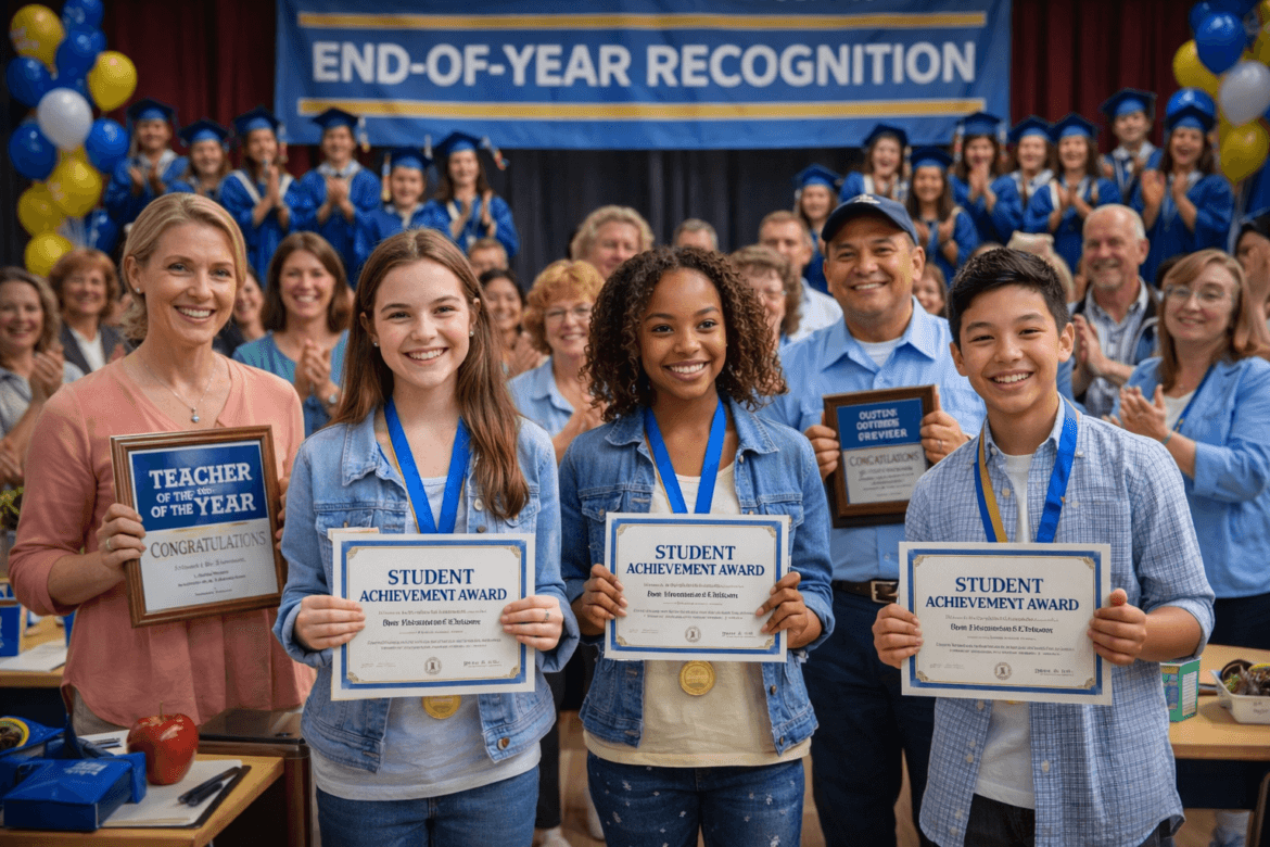 Four students with achievement awards and a teacher with a Teacher of the Year plaque stand smiling at an End-of-Year Recognition event, with a crowd and graduates in the background.