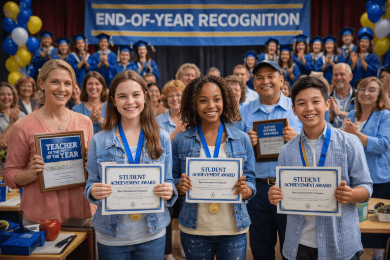 Four students with achievement awards and a teacher with a Teacher of the Year plaque stand smiling at an End-of-Year Recognition event, with a crowd and graduates in the background.