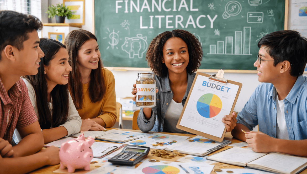 A group of students sit around a table with financial documents, as one person holds a savings jar and another displays a budget chart in a classroom decorated for Financial Literacy Month.