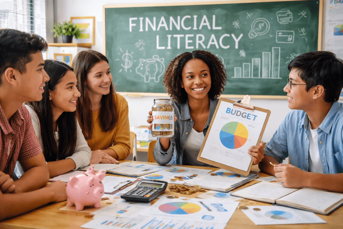 A group of students sit around a table with financial documents, as one person holds a savings jar and another displays a budget chart in a classroom decorated for Financial Literacy Month.